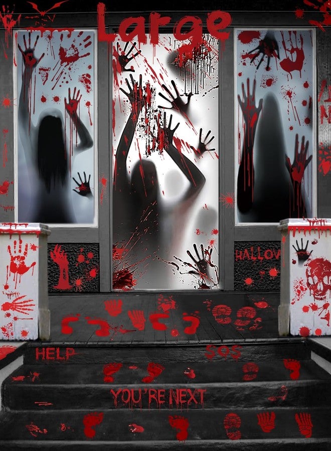 Wohohoho 11 Sheets/202 Pcs Bloody Halloween Decorations Set. 2 Giant Spooky Door Cover, 6 Sheets Horror Window Clings, 3 Sheets Scary Floor Stickers, Halloween Party Wall Decal Bedroom Inside Decor - Image 1